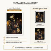 Caravaggio - Nativity with San Lorenzo and San Francesco canvas print size comparison and framing display infographic