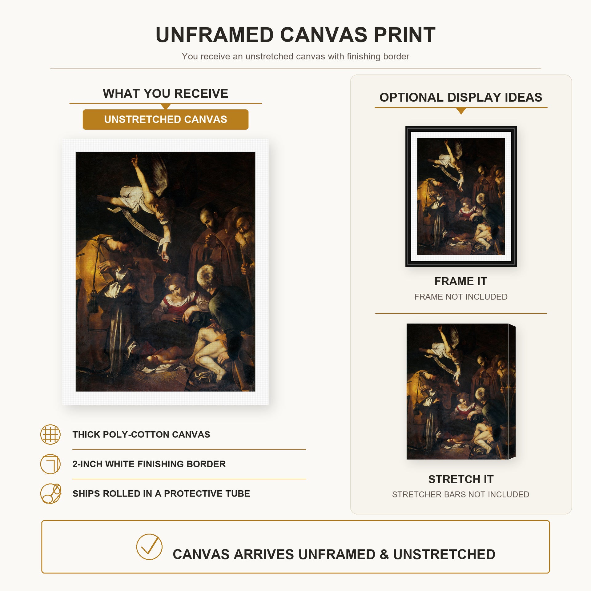 Caravaggio - Nativity with San Lorenzo and San Francesco canvas print size comparison and framing display infographic