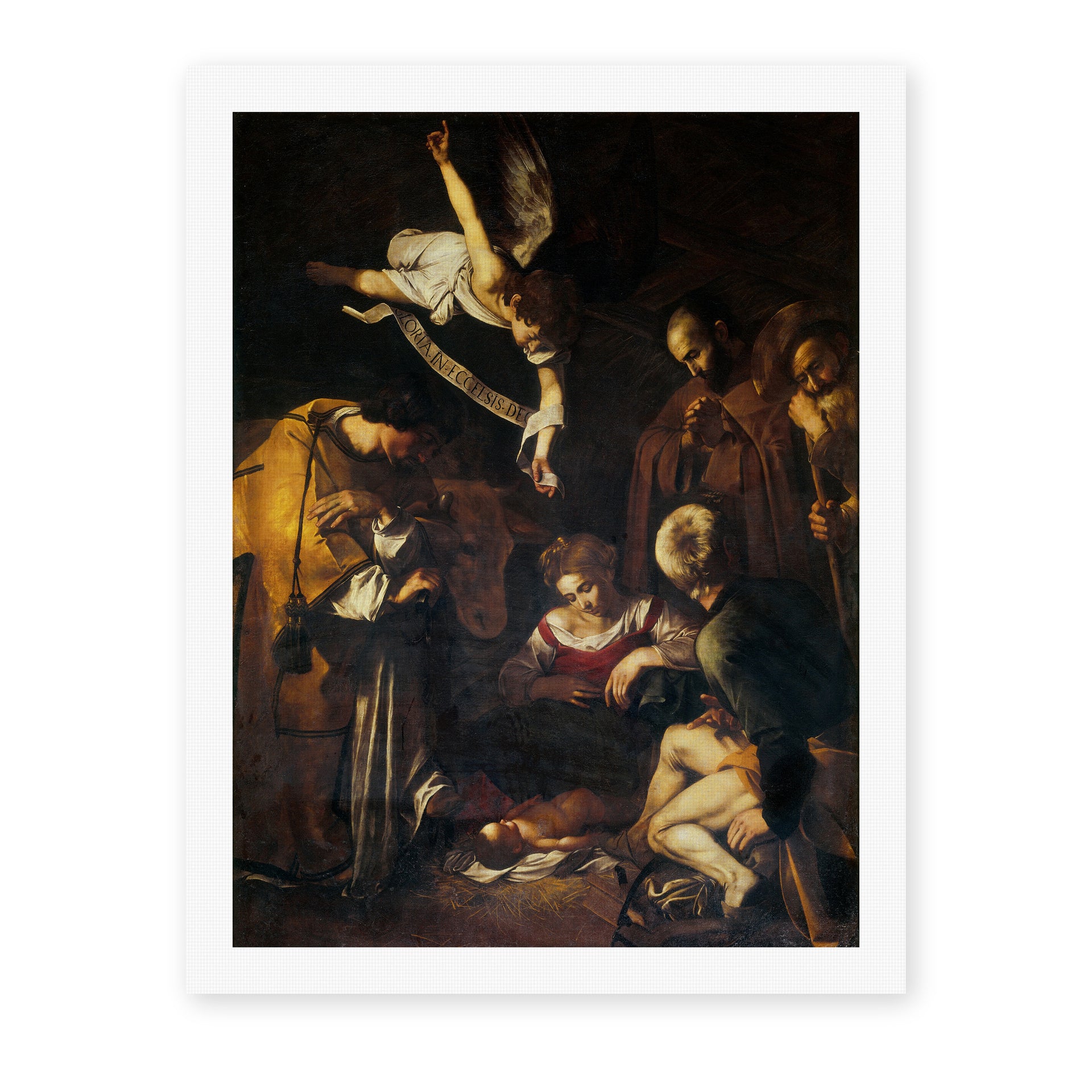 Caravaggio's 'Nativity with San Lorenzo and San Francesco' painting reproduced as a rolled canvas print