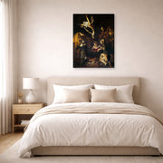 Gallery-wrapped canvas print of Caravaggio's 'Nativity with San Lorenzo and San Francesco' displayed on a wall in a bedroom