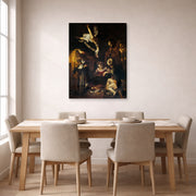 Gallery-wrapped canvas print of Caravaggio's 'Nativity with San Lorenzo and San Francesco' displayed on a wall in a dining room