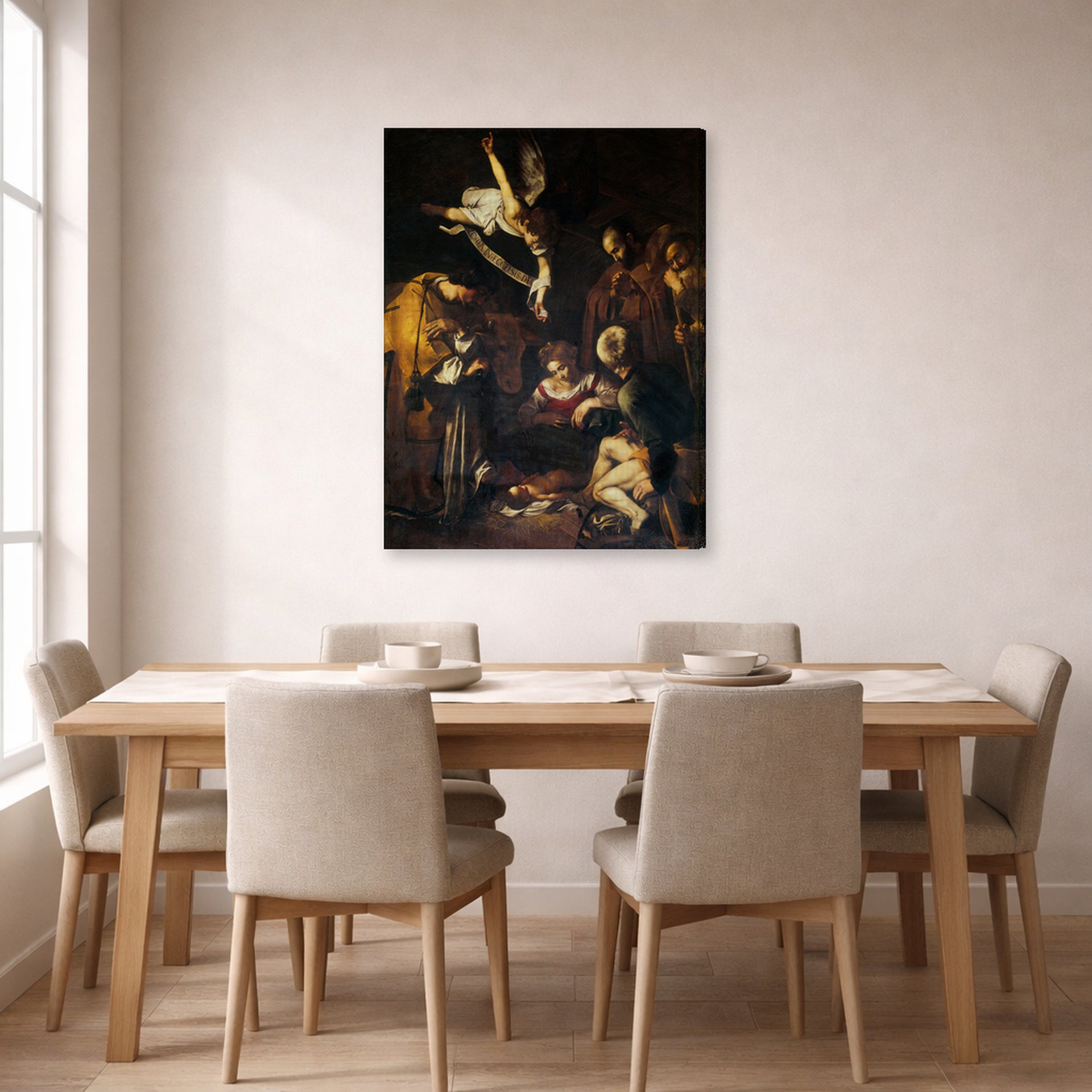 Gallery-wrapped canvas print of Caravaggio's 'Nativity with San Lorenzo and San Francesco' displayed on a wall in a dining room