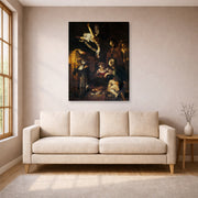 Gallery-wrapped canvas print of Caravaggio's 'Nativity with San Lorenzo and San Francesco' displayed on a wall in a living room