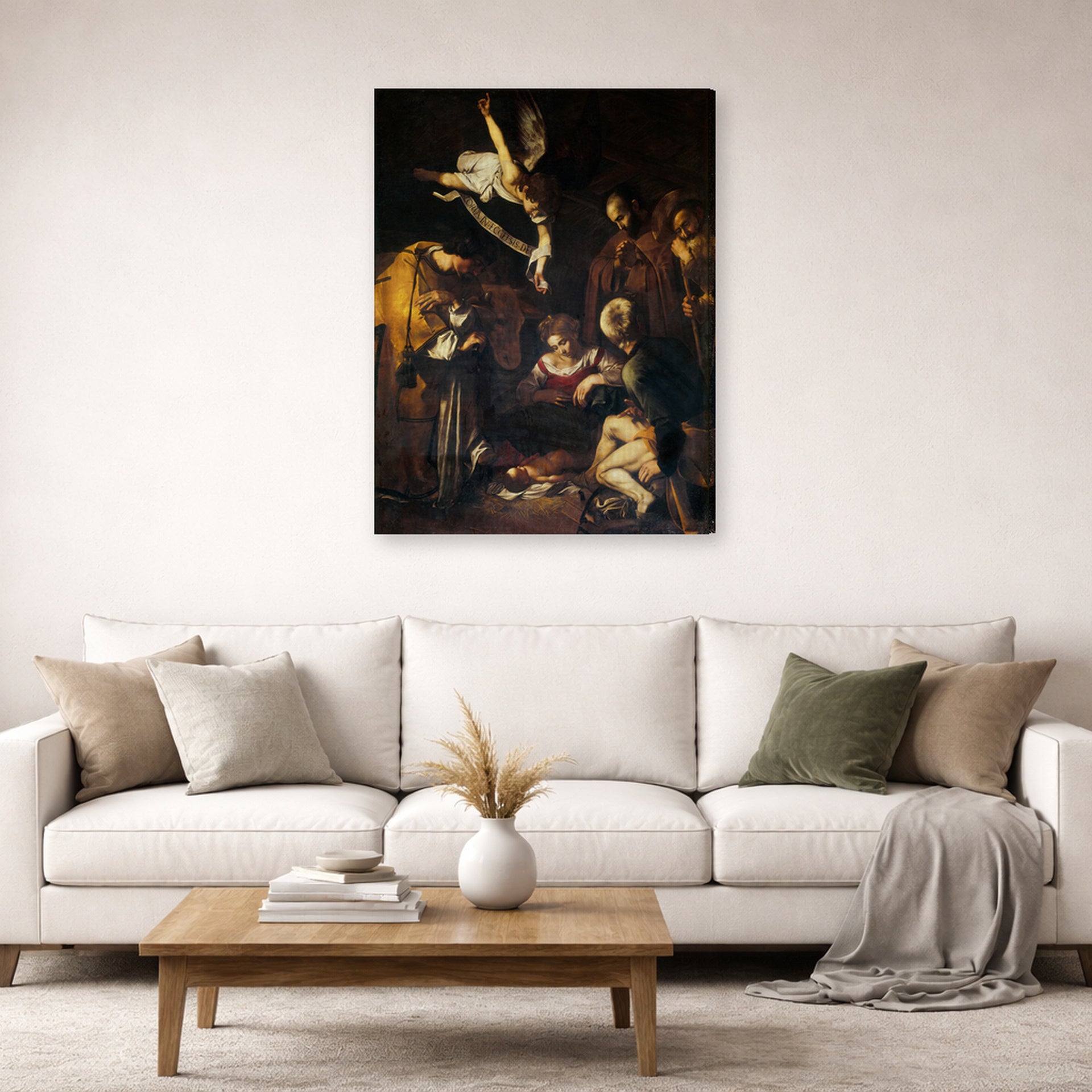 Gallery-wrapped canvas print of Caravaggio's 'Nativity with San Lorenzo and San Francesco' displayed on a wall in a living room