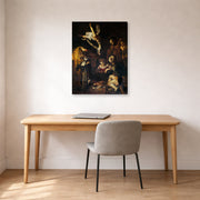 Gallery-wrapped canvas print of Caravaggio's 'Nativity with San Lorenzo and San Francesco' displayed on a wall in an office