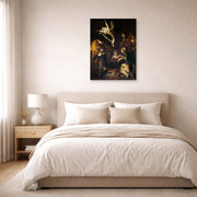 Unframed poster print of Caravaggio's 'Nativity with San Lorenzo and San Francesco' displayed on a wall in a bedroom