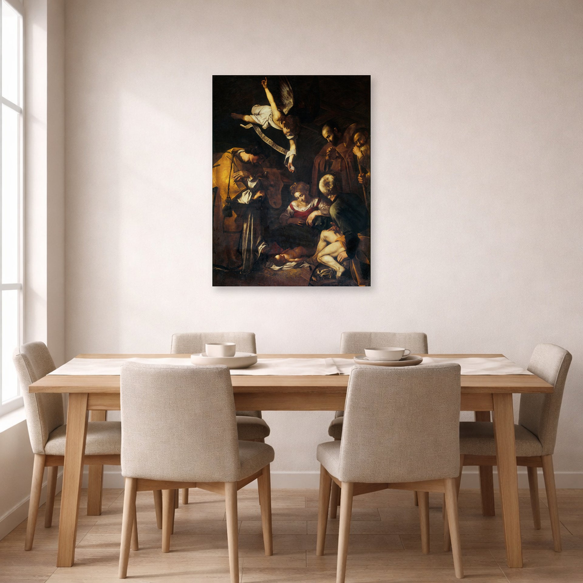 Unframed poster print of Caravaggio's 'Nativity with San Lorenzo and San Francesco' displayed on a wall in a dining room
