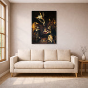 Unframed poster print of Caravaggio's 'Nativity with San Lorenzo and San Francesco' displayed on a wall in a living room