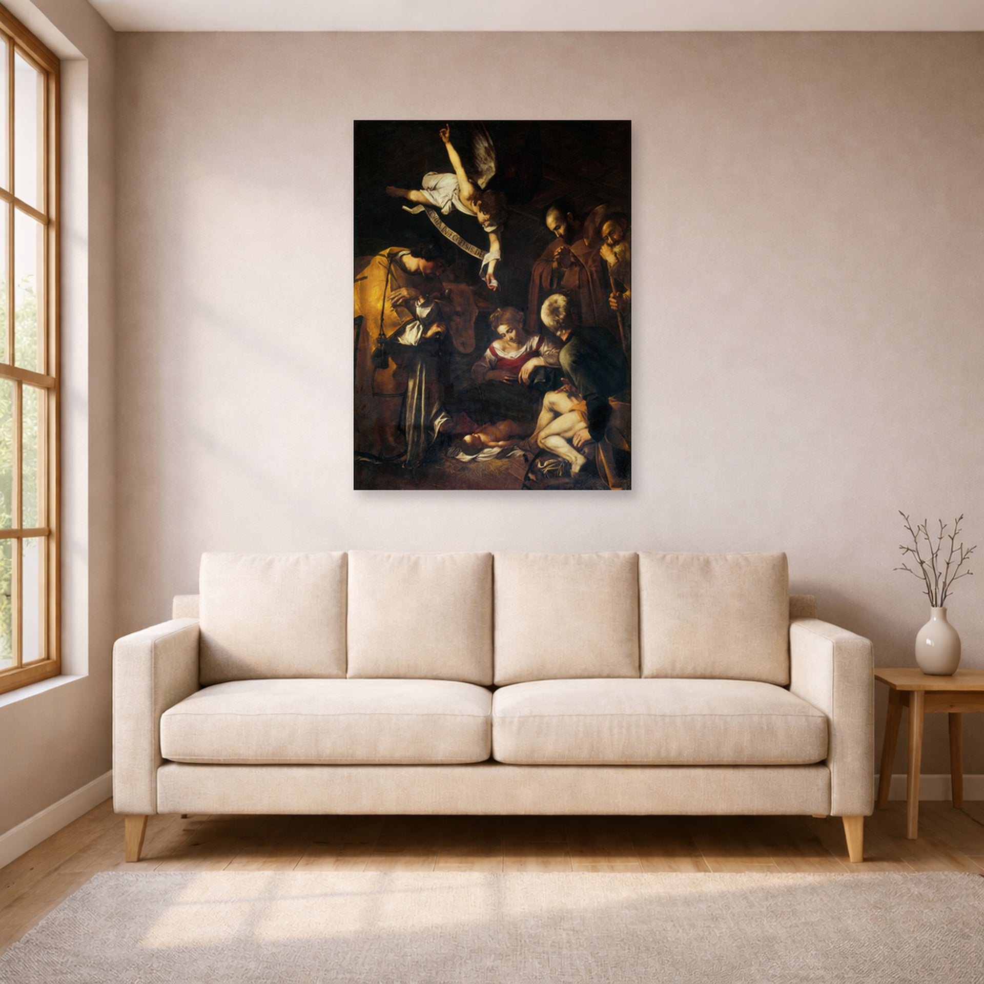 Unframed poster print of Caravaggio's 'Nativity with San Lorenzo and San Francesco' displayed on a wall in a living room