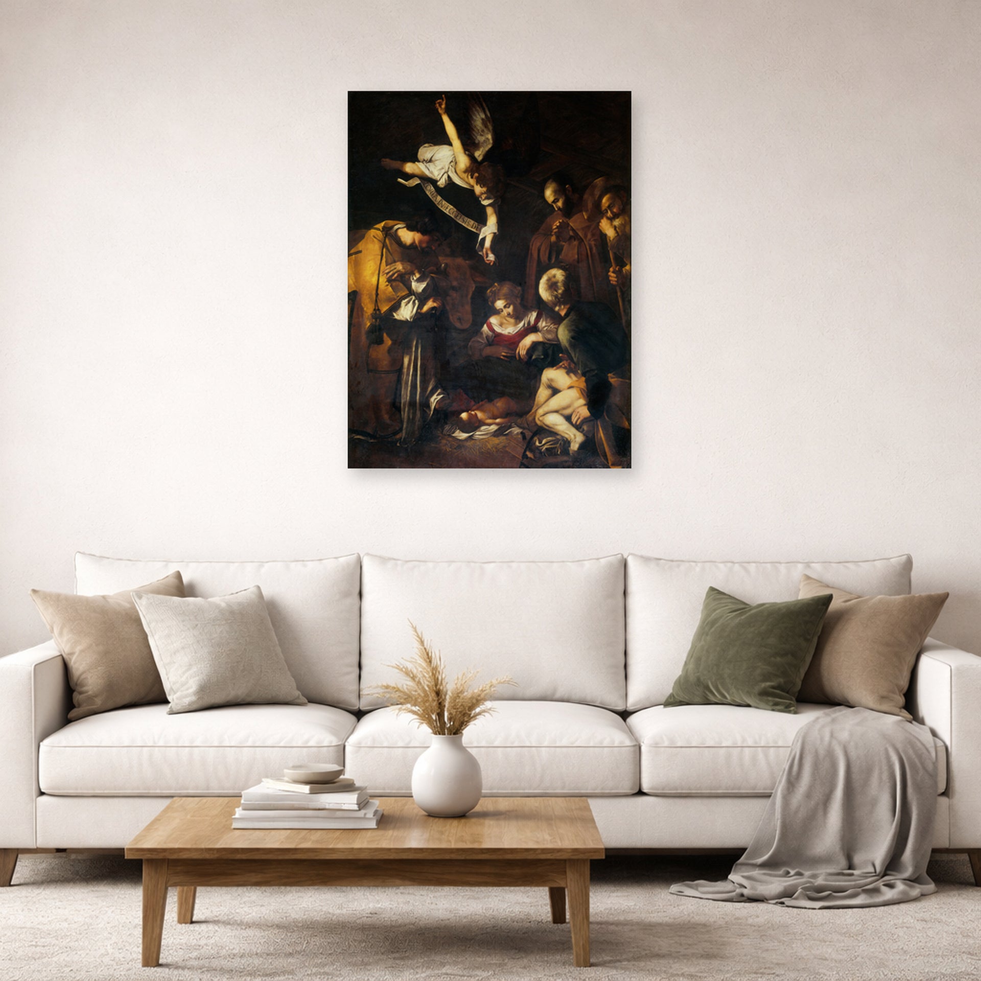 Unframed poster print of Caravaggio's 'Nativity with San Lorenzo and San Francesco' displayed on a wall in a living room