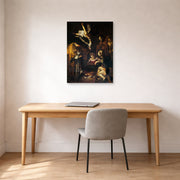 Unframed poster print of Caravaggio's 'Nativity with San Lorenzo and San Francesco' displayed on a wall in an office