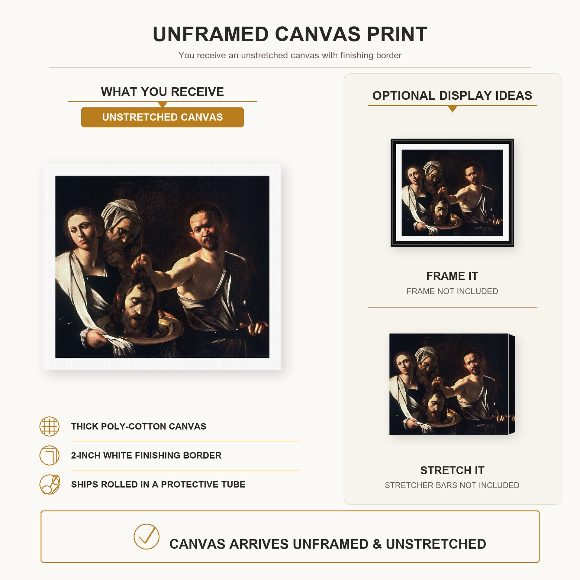 Caravaggio - Salome with the Head of John the Baptist canvas print size comparison and framing display infographic