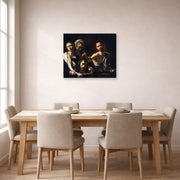 Gallery-wrapped canvas print of Caravaggio's 'Salome with the Head of John the Baptist' displayed on a wall in a dining room