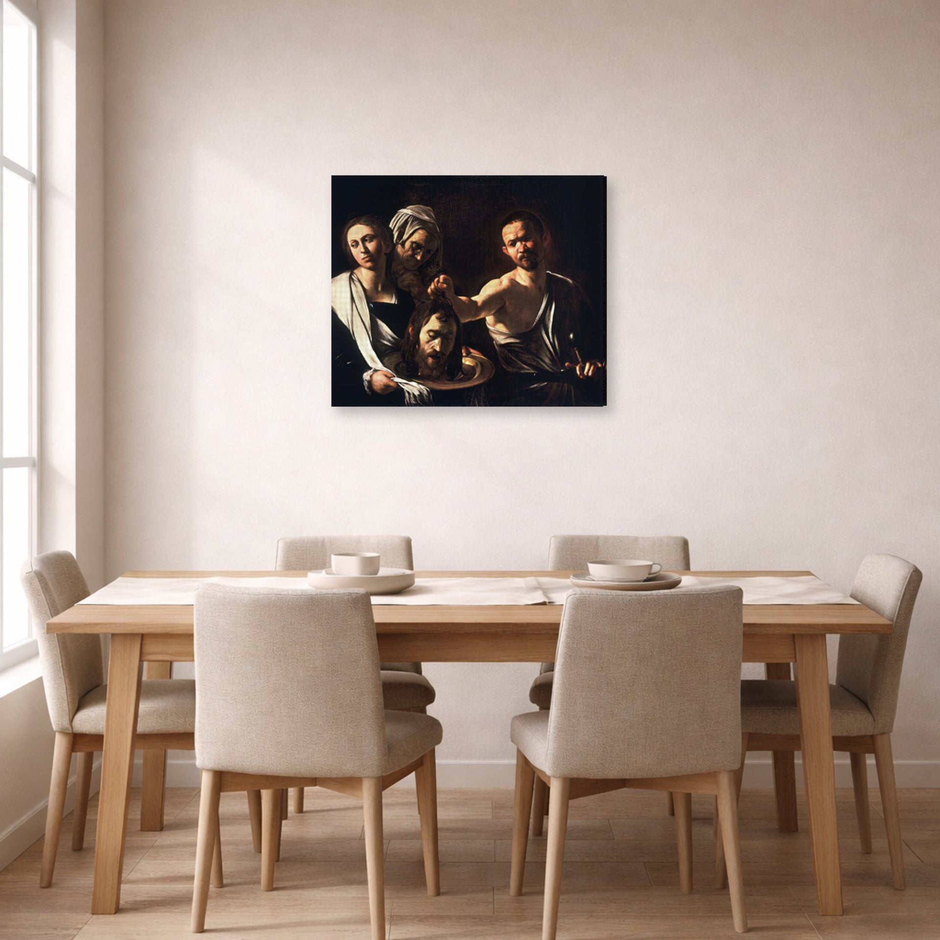 Gallery-wrapped canvas print of Caravaggio's 'Salome with the Head of John the Baptist' displayed on a wall in a dining room