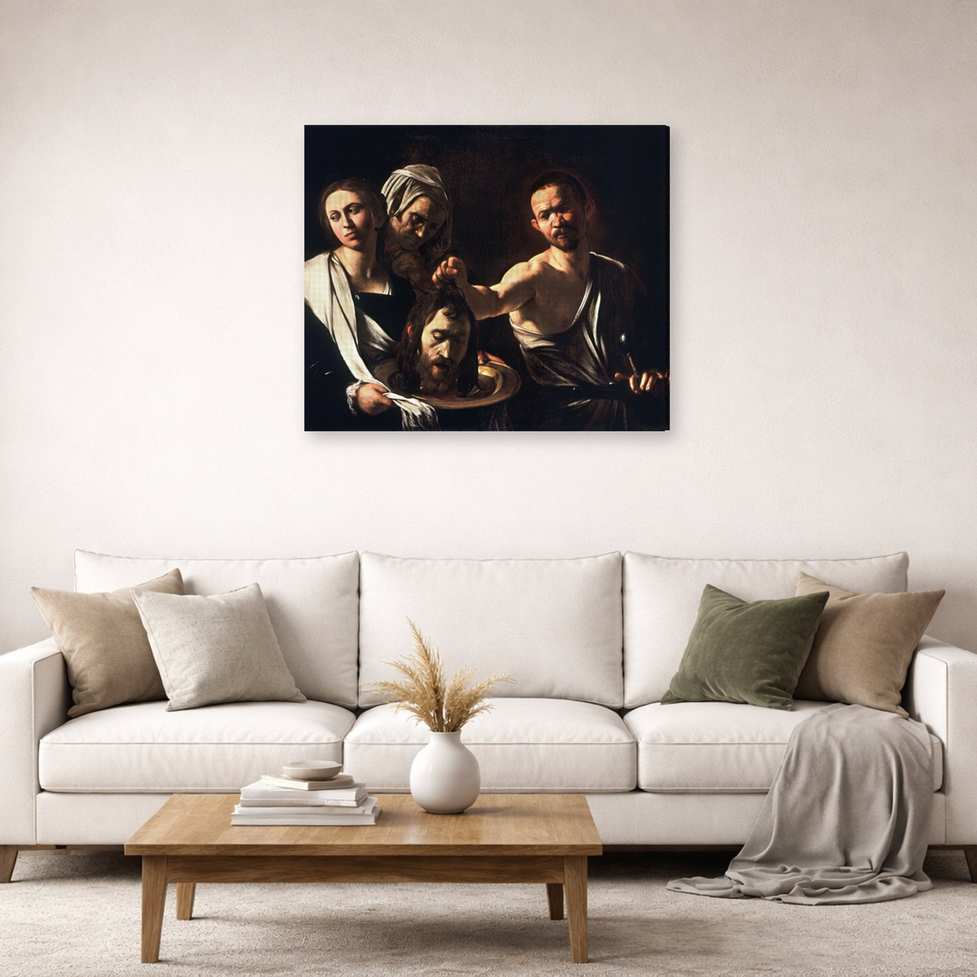 Gallery-wrapped canvas print of Caravaggio's 'Salome with the Head of John the Baptist' displayed on a wall in a living room