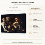 Caravaggio - Salome with the Head of John the Baptist gallery wrap canvas construction and hanging details infographic