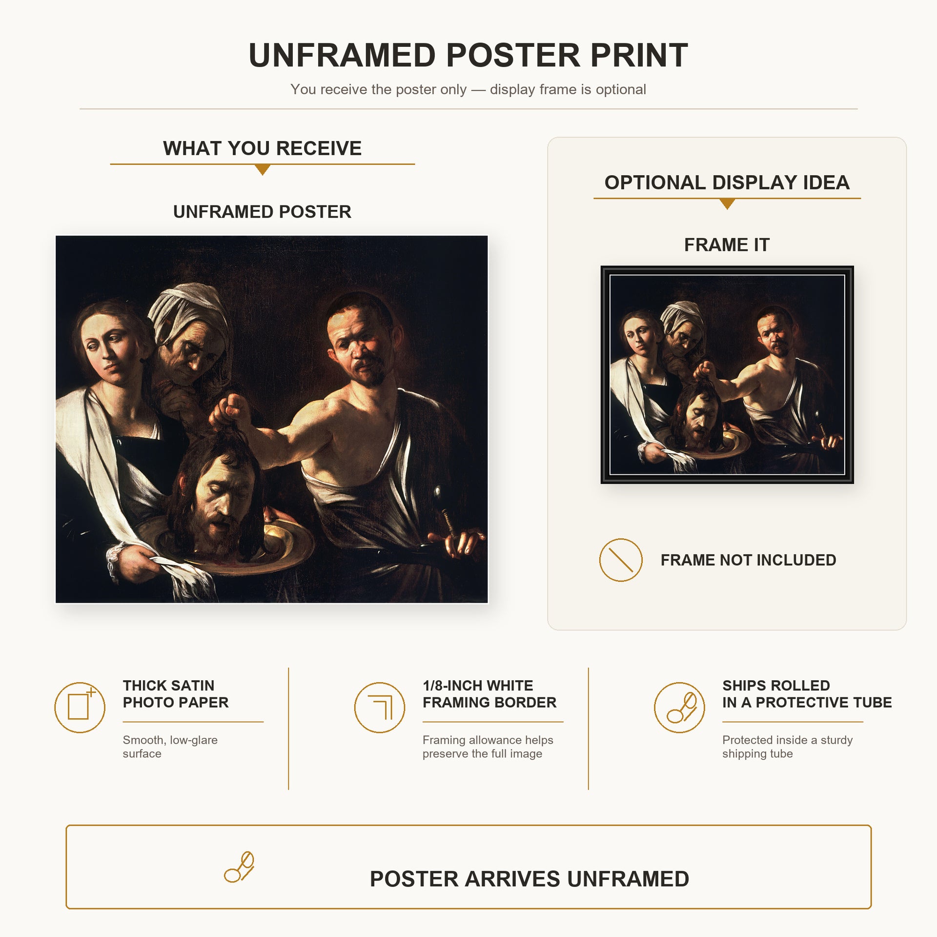 Caravaggio - Salome with the Head of John the Baptist poster print size comparison and framing display infographic
