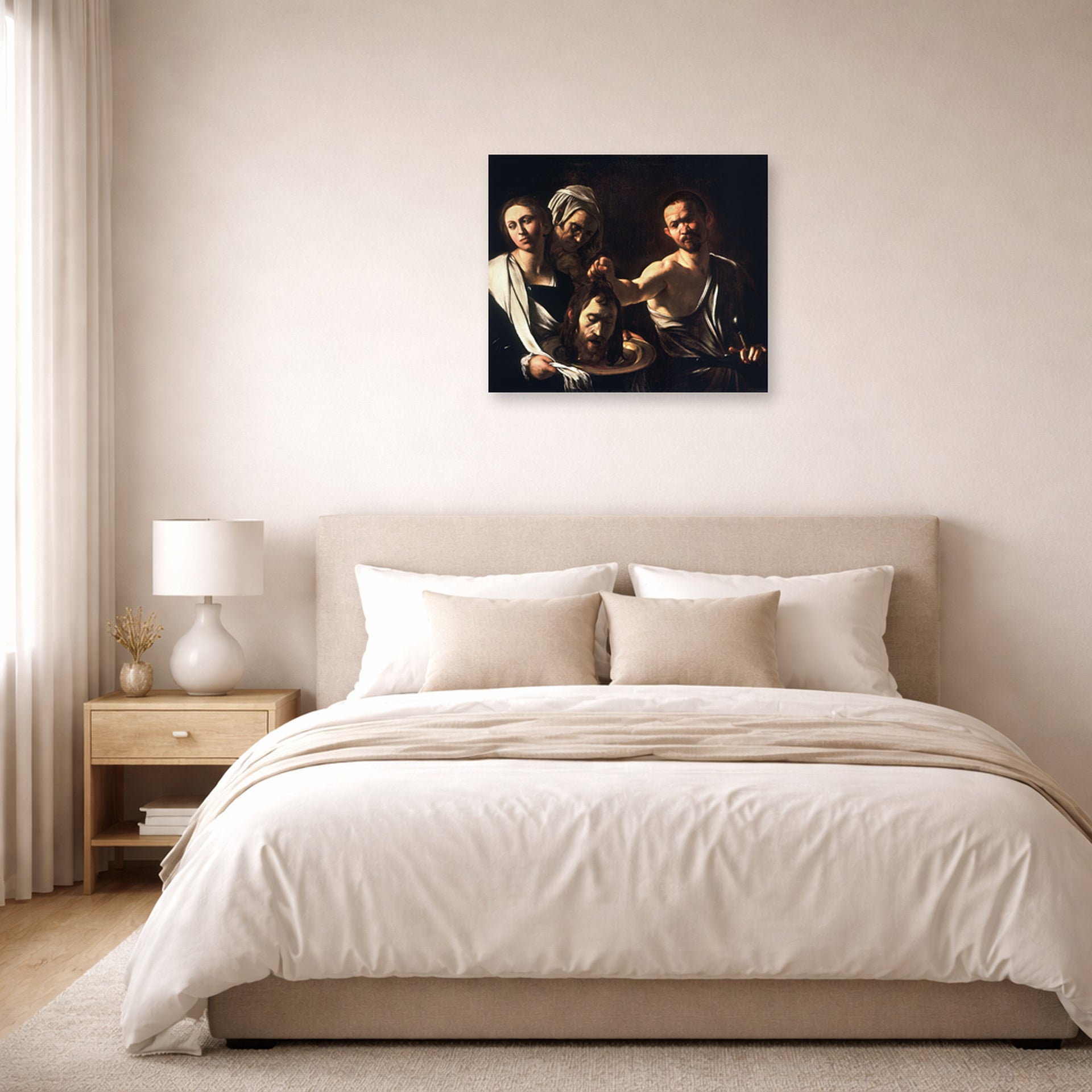 Unframed poster print of Caravaggio's 'Salome with the Head of John the Baptist' displayed on a wall in a bedroom
