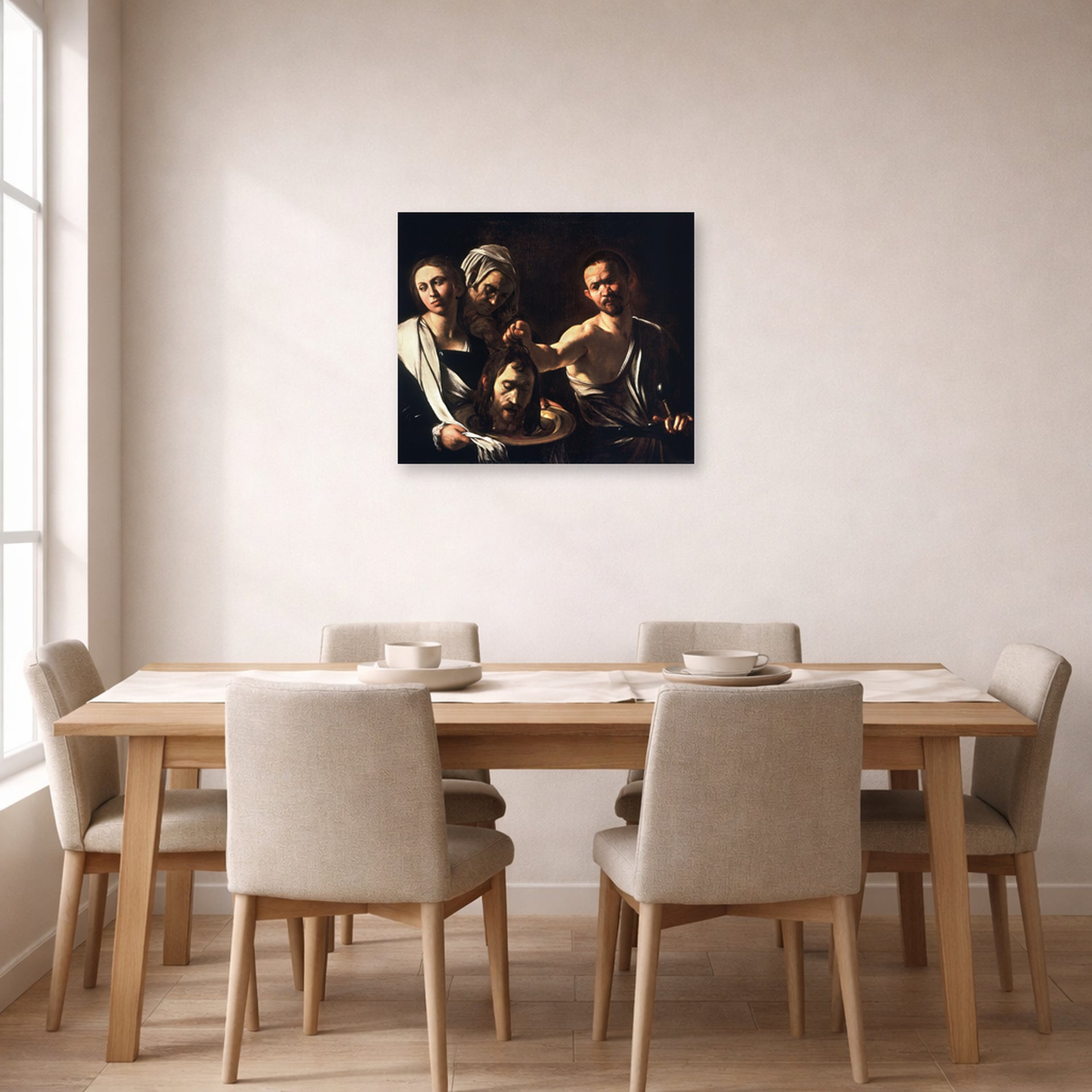 Unframed poster print of Caravaggio's 'Salome with the Head of John the Baptist' displayed on a wall in a dining room