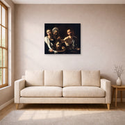 Unframed poster print of Caravaggio's 'Salome with the Head of John the Baptist' displayed on a wall in a living room