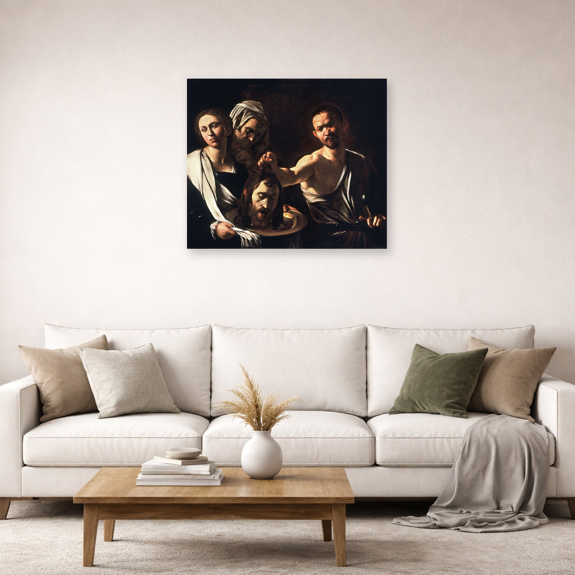 Unframed poster print of Caravaggio's 'Salome with the Head of John the Baptist' displayed on a wall in a living room