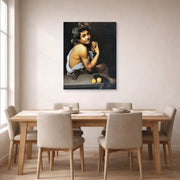 Gallery-wrapped canvas print of Caravaggio's 'Sickbucchus' displayed on a wall in a dining room