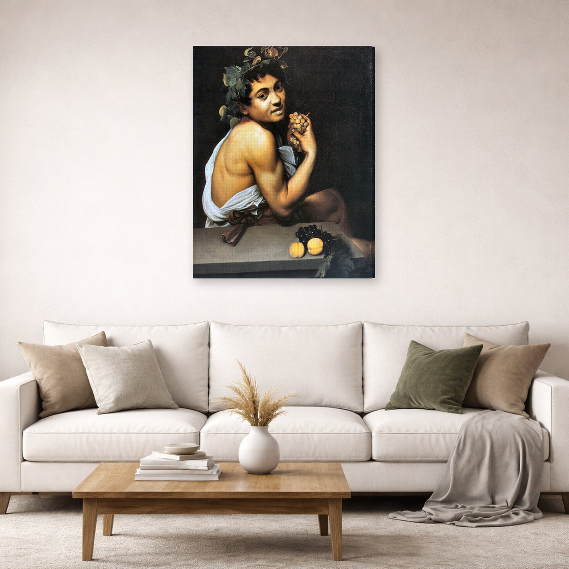 Gallery-wrapped canvas print of Caravaggio's 'Sickbucchus' displayed on a wall in a living room