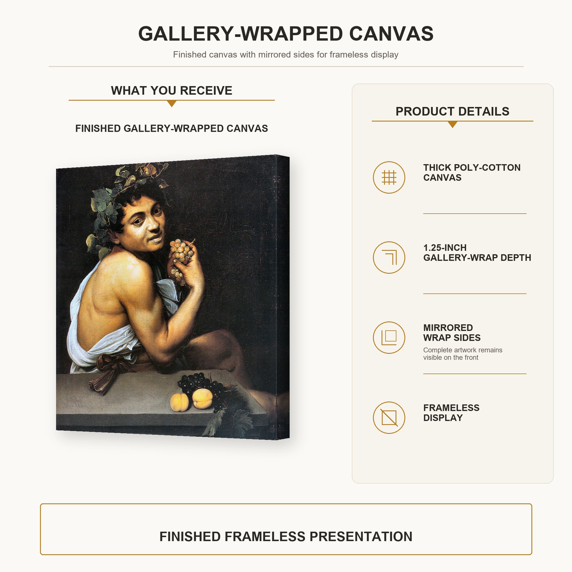 Caravaggio - Sickbucchus gallery wrap canvas construction and hanging details infographic