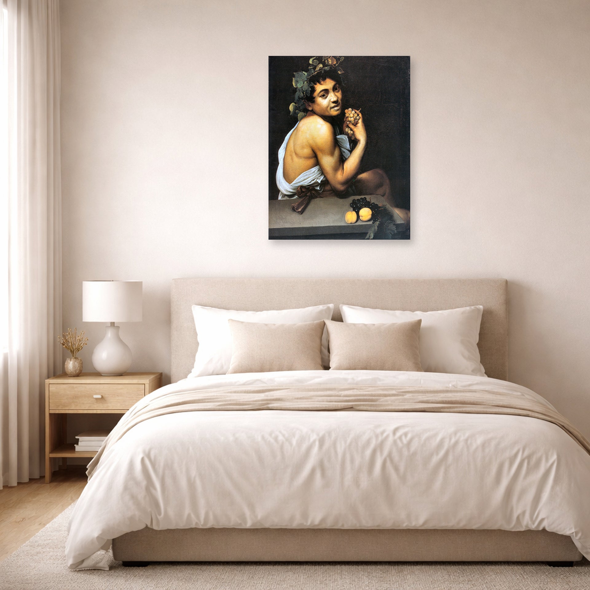 Unframed poster print of Caravaggio's 'Sickbucchus' displayed on a wall in a bedroom