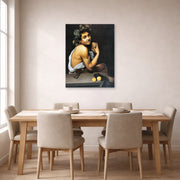 Unframed poster print of Caravaggio's 'Sickbucchus' displayed on a wall in a dining room