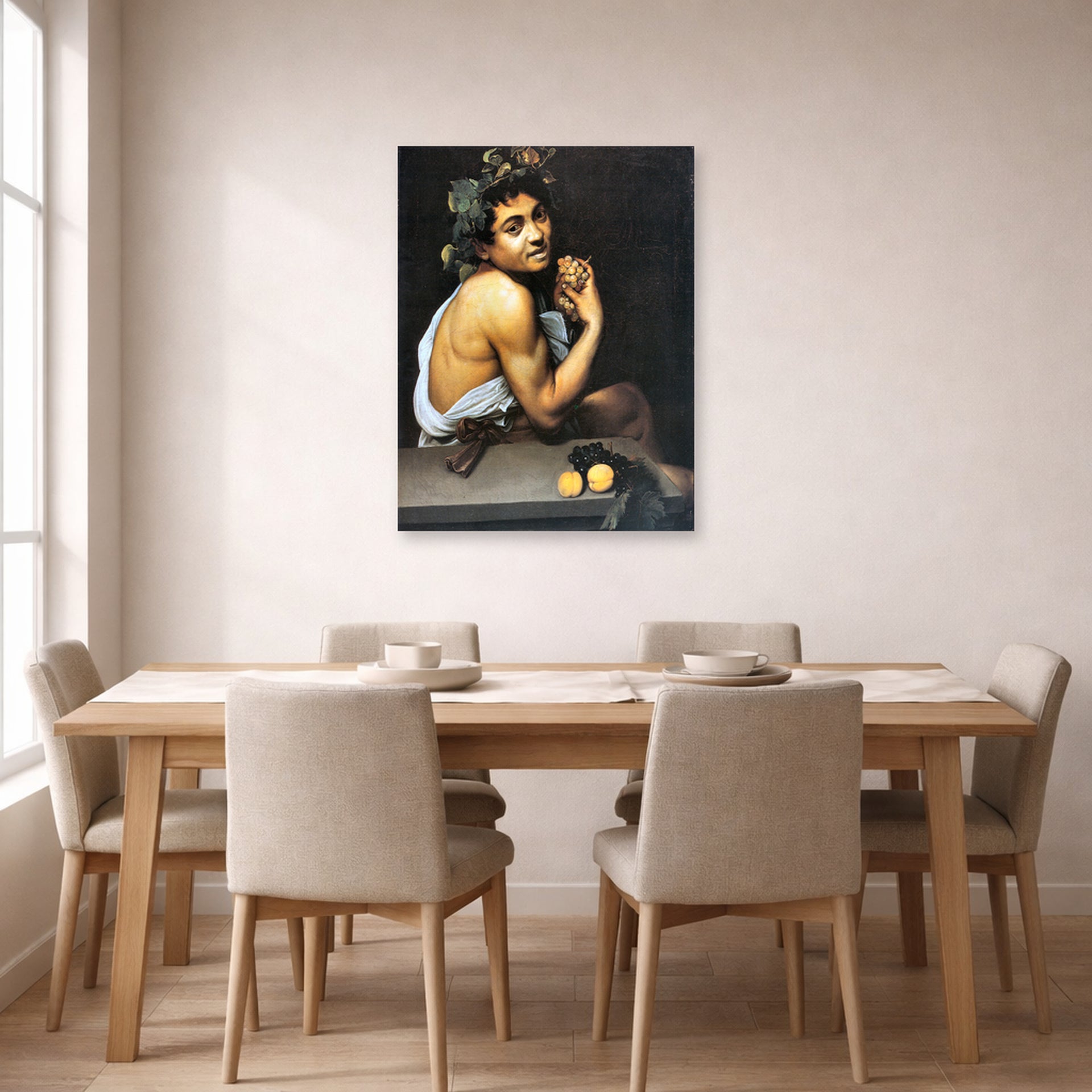 Unframed poster print of Caravaggio's 'Sickbucchus' displayed on a wall in a dining room