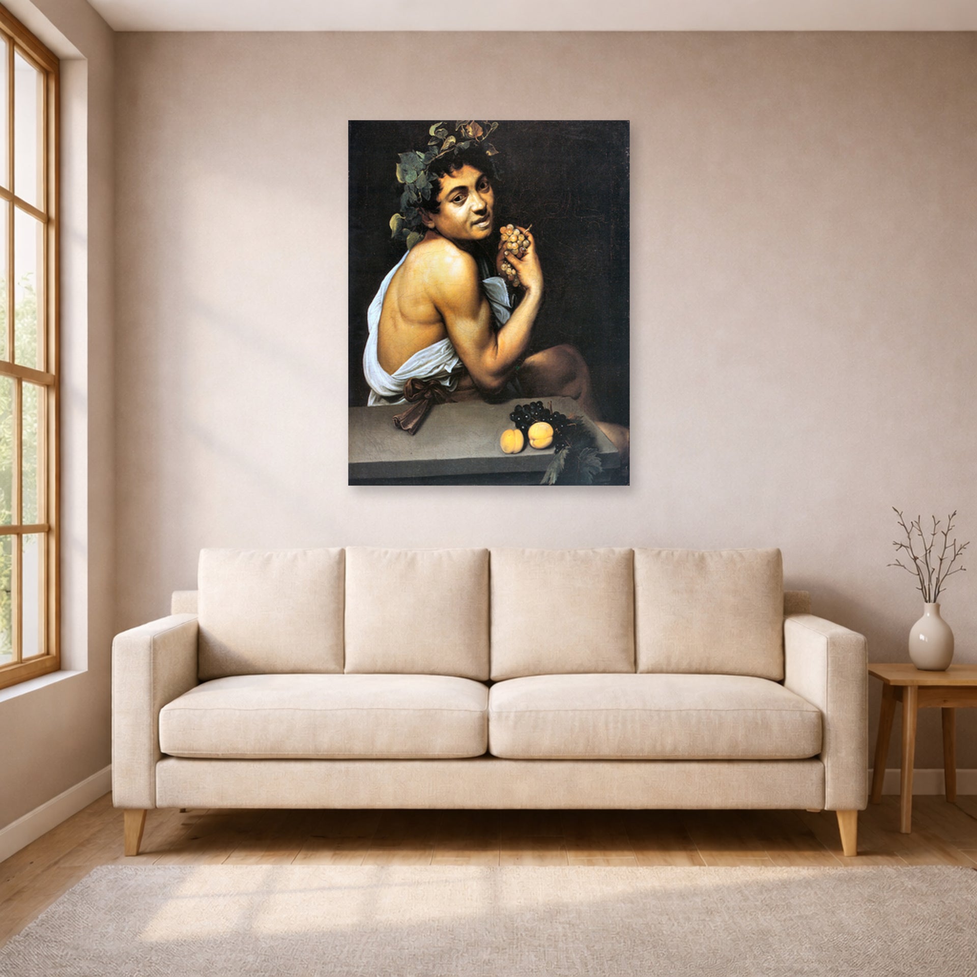 Unframed poster print of Caravaggio's 'Sickbucchus' displayed on a wall in a living room