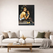 Unframed poster print of Caravaggio's 'Sickbucchus' displayed on a wall in a living room