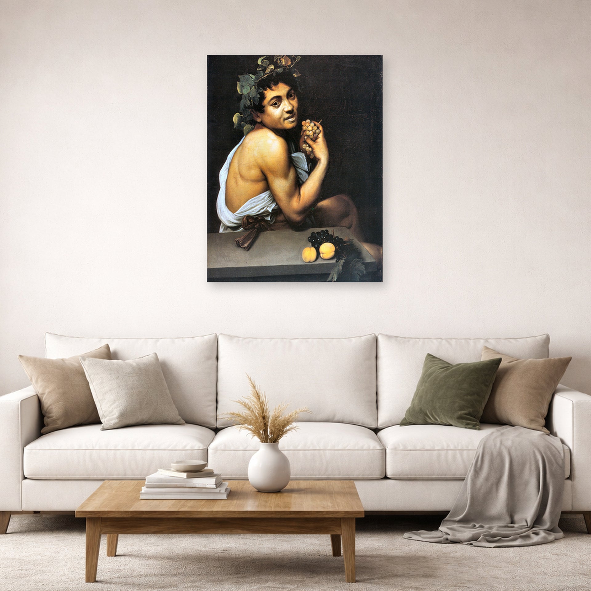 Unframed poster print of Caravaggio's 'Sickbucchus' displayed on a wall in a living room