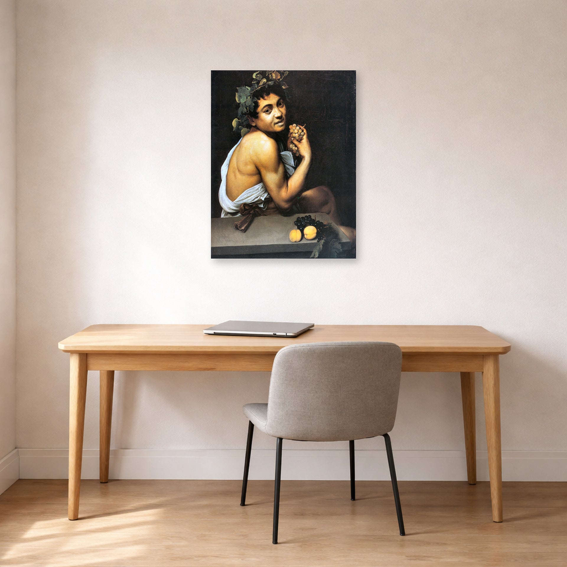 Unframed poster print of Caravaggio's 'Sickbucchus' displayed on a wall in an office