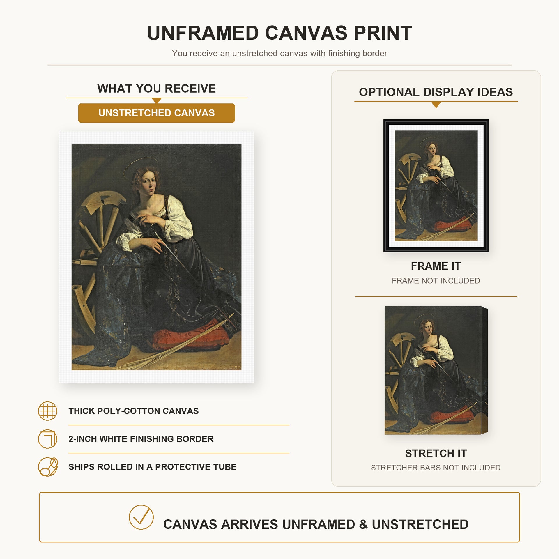 Caravaggio - St. Catherine of Alexandria canvas print size comparison and framing display infographic