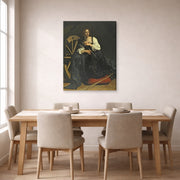 Gallery-wrapped canvas print of Caravaggio's 'St. Catherine of Alexandria' displayed on a wall in a dining room