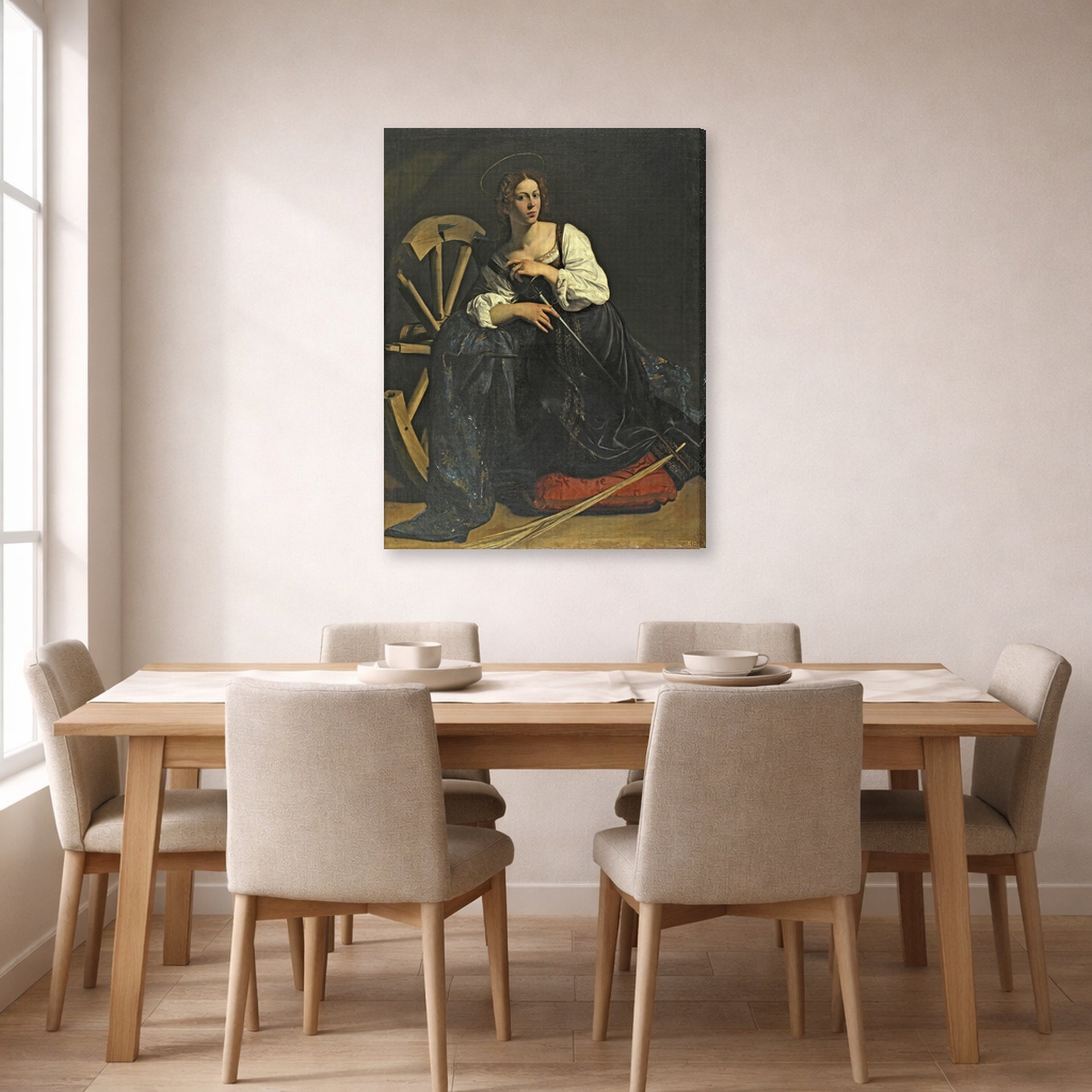 Gallery-wrapped canvas print of Caravaggio's 'St. Catherine of Alexandria' displayed on a wall in a dining room