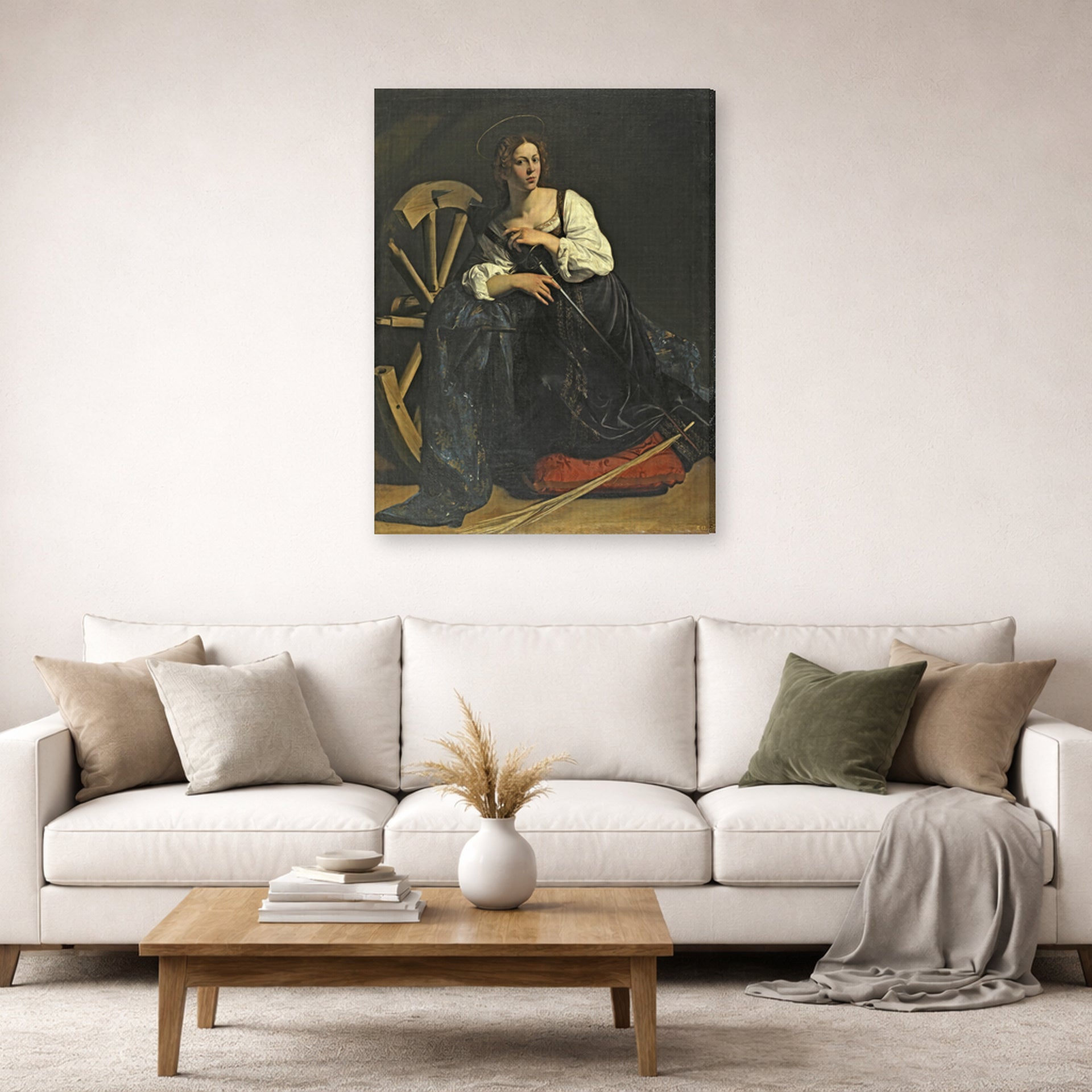 Gallery-wrapped canvas print of Caravaggio's 'St. Catherine of Alexandria' displayed on a wall in a living room