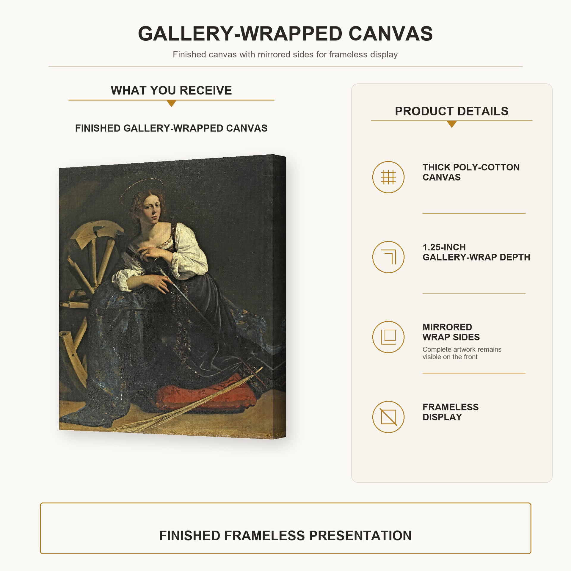 Caravaggio - St. Catherine of Alexandria gallery wrap canvas construction and hanging details infographic