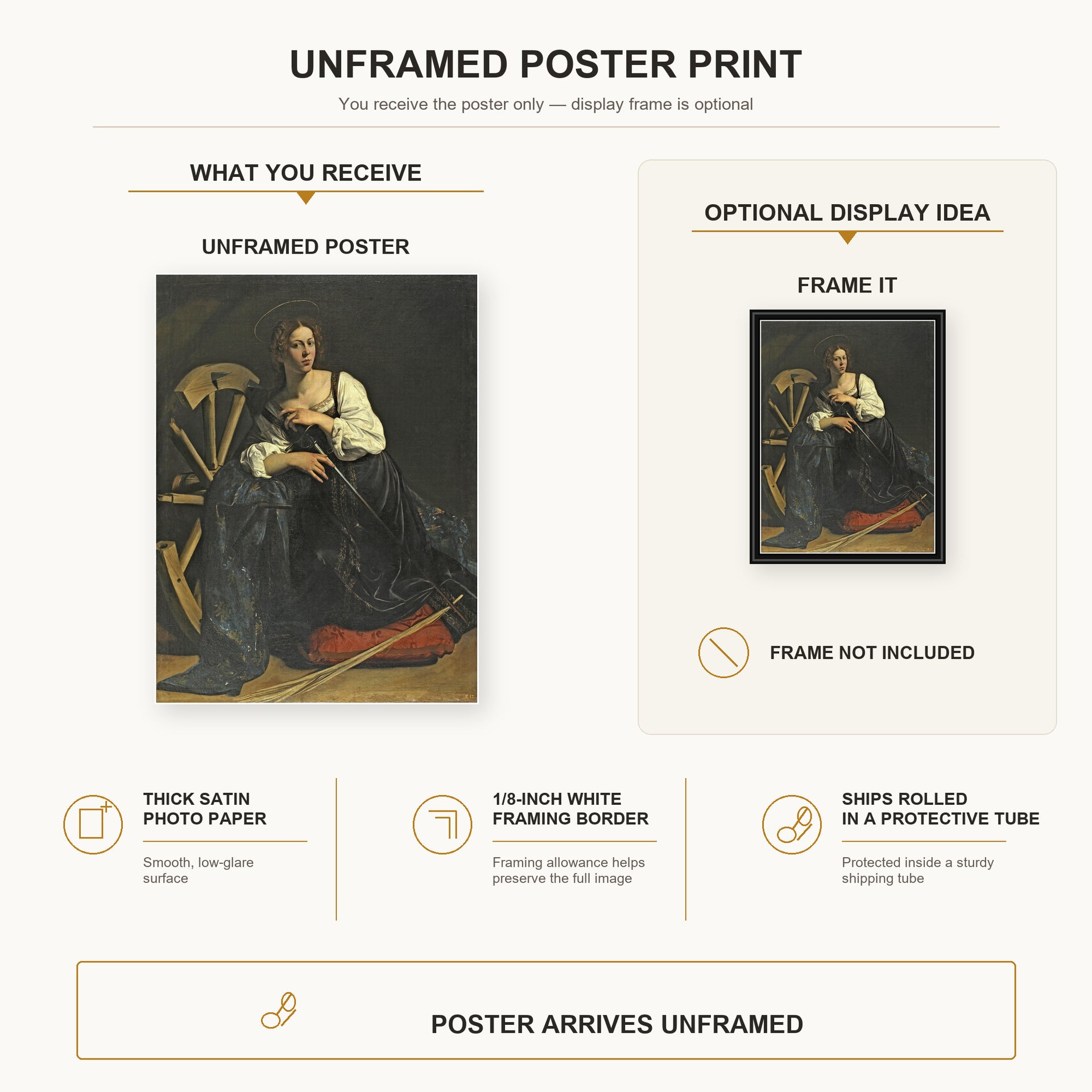 Caravaggio - St. Catherine of Alexandria poster print size comparison and framing display infographic