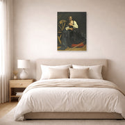 Unframed poster print of Caravaggio's 'St. Catherine of Alexandria' displayed on a wall in a bedroom
