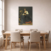 Unframed poster print of Caravaggio's 'St. Catherine of Alexandria' displayed on a wall in a dining room