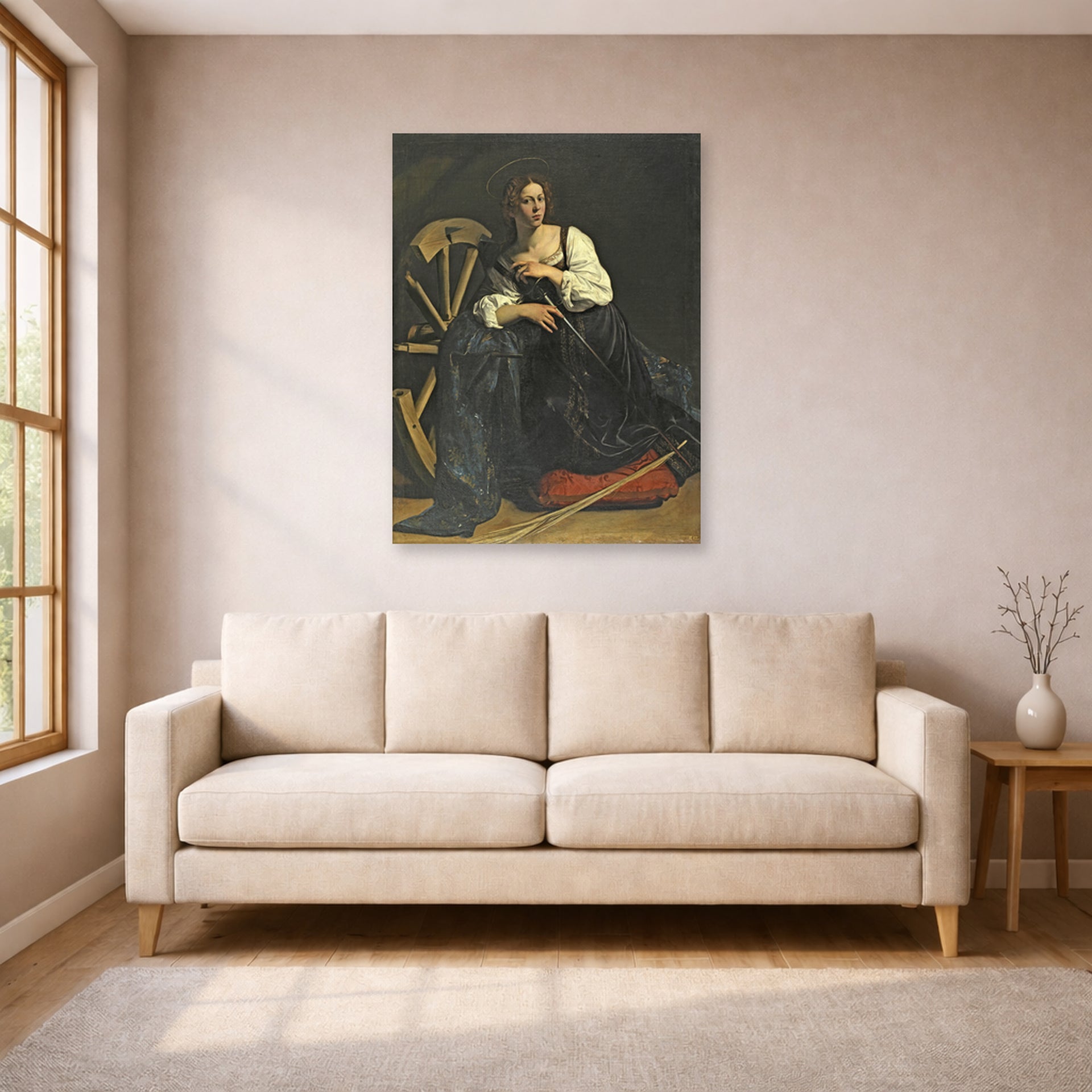 Unframed poster print of Caravaggio's 'St. Catherine of Alexandria' displayed on a wall in a living room