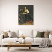 Unframed poster print of Caravaggio's 'St. Catherine of Alexandria' displayed on a wall in a living room