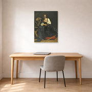 Unframed poster print of Caravaggio's 'St. Catherine of Alexandria' displayed on a wall in an office