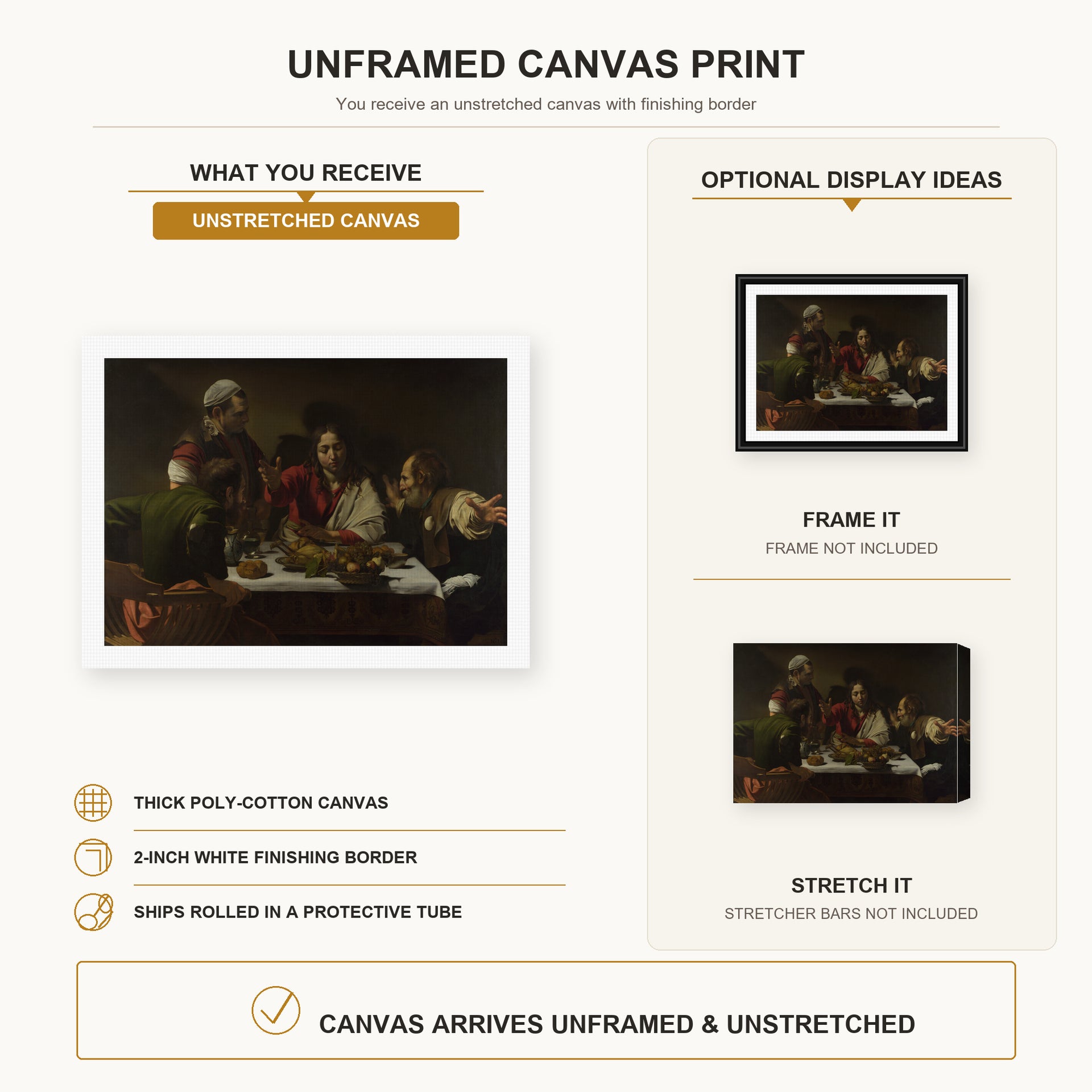 Caravaggio - Supper at Emmaus canvas print size comparison and framing display infographic