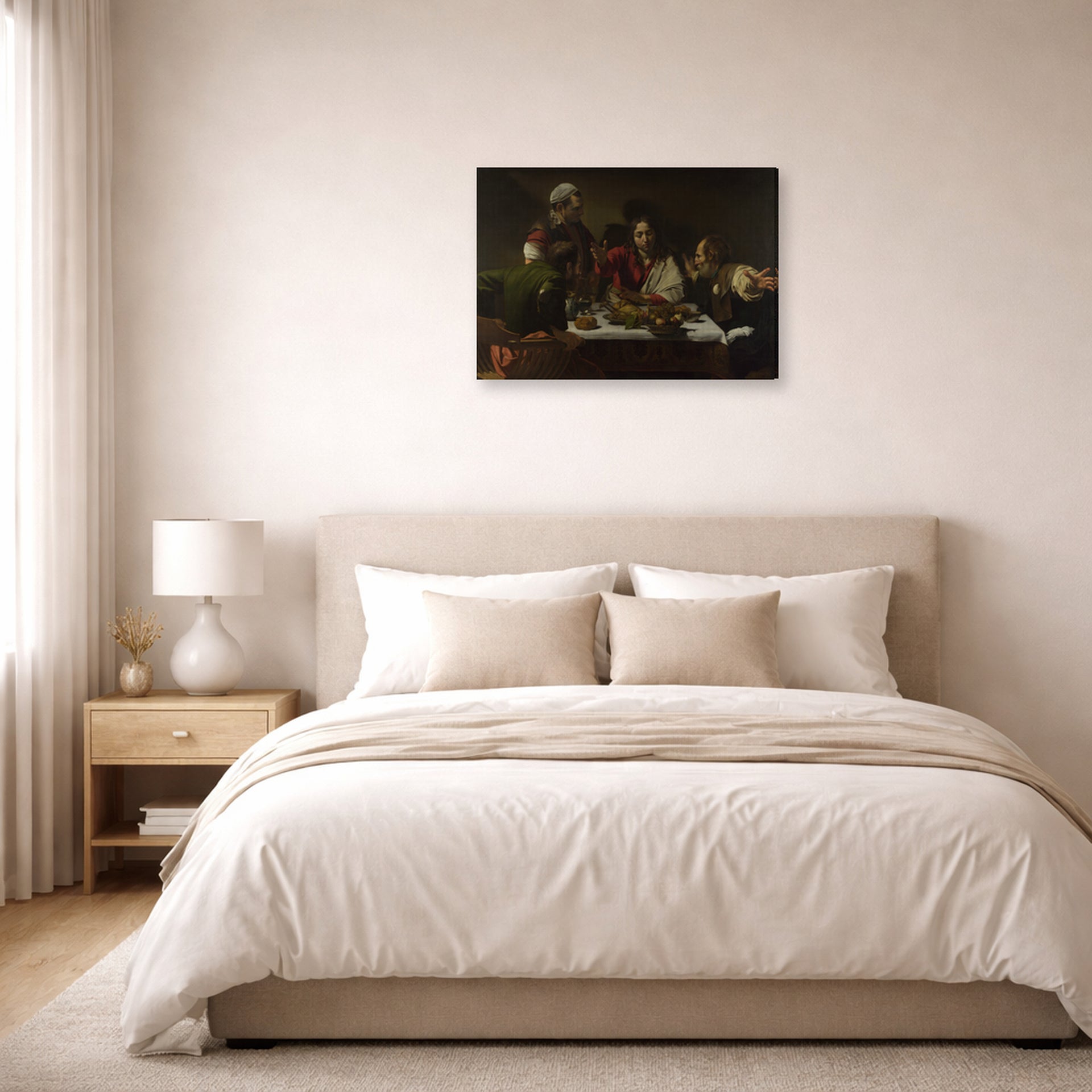 Gallery-wrapped canvas print of Caravaggio's 'Supper at Emmaus' displayed on a wall in a bedroom