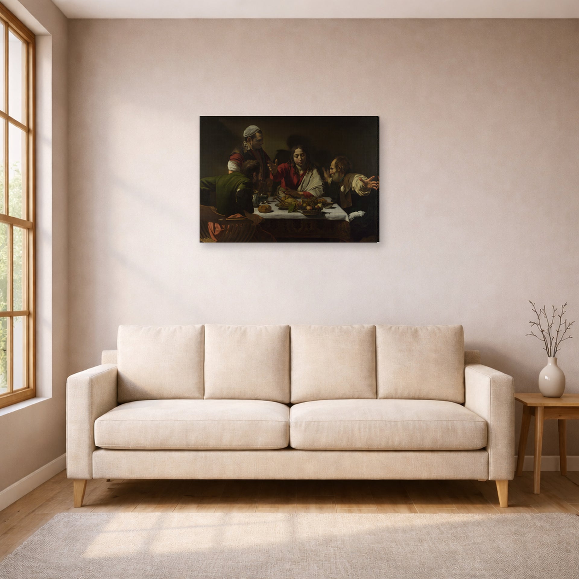 Gallery-wrapped canvas print of Caravaggio's 'Supper at Emmaus' displayed on a wall in a living room