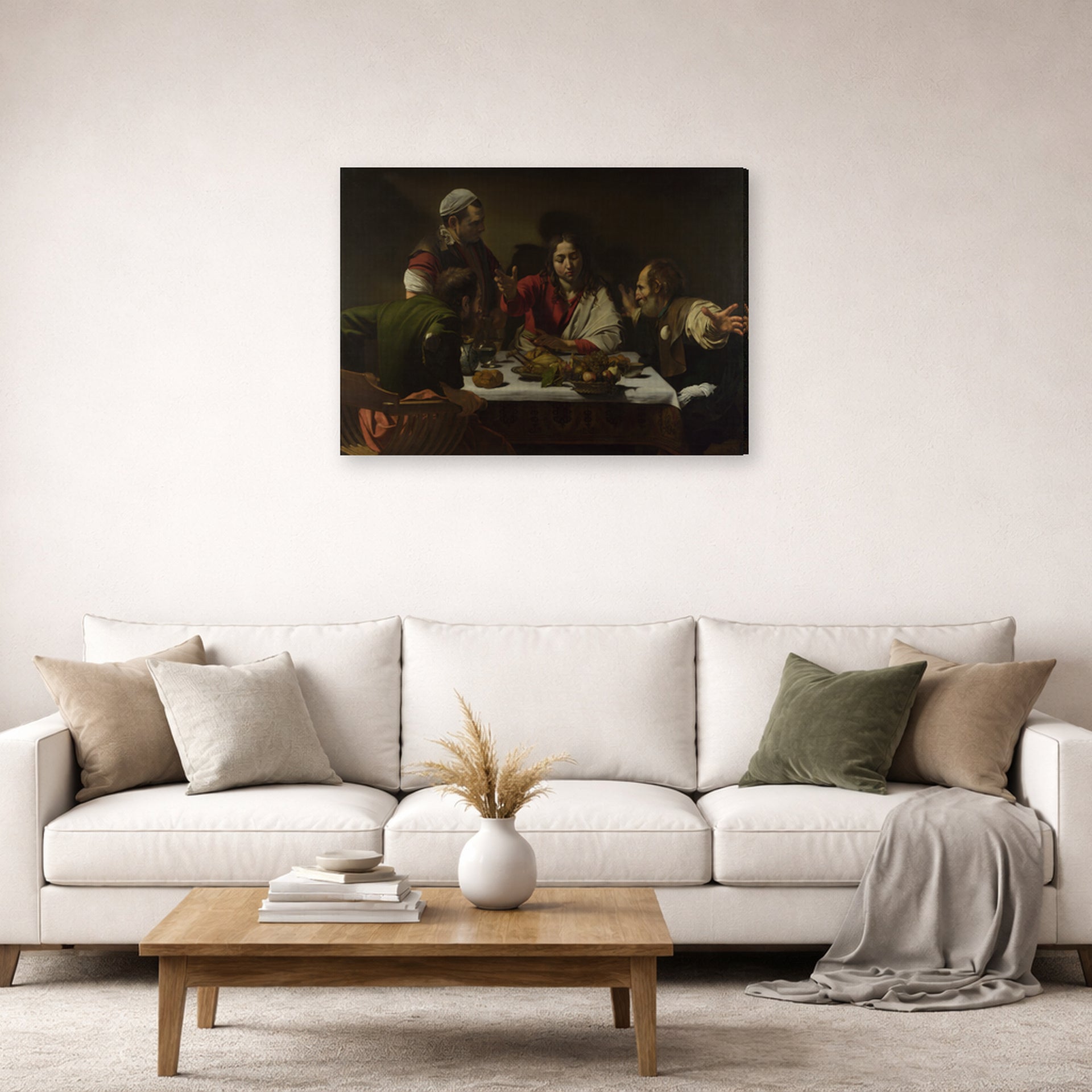 Gallery-wrapped canvas print of Caravaggio's 'Supper at Emmaus' displayed on a wall in a living room